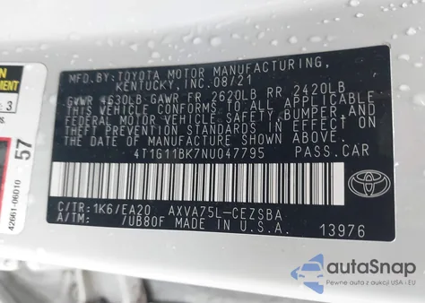 2022 Toyota Camry Se Awd from USA, damaged, VIN 4T1G11BK7NU047795